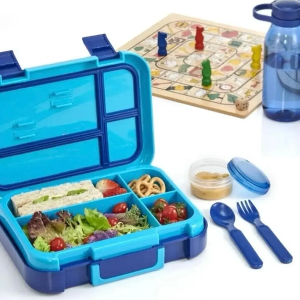 Your Zone Blue Bento Lunch Box with Utensils Condiment Container Dishwasher Safe